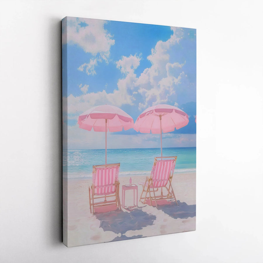 Pink Beach Chairs Canvas Wall Art | Relaxing Coastal Ocean Shore Decor | Premium Gallery Wrap Print | Summer Aesthetic Gift for Beach Lovers