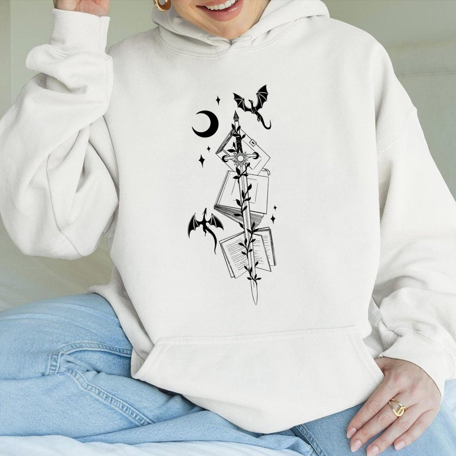 Fantasy Book Lover Hoodie | Dragon Sword and Moon Graphic | Premium Cotton-Poly Blend | Gift for Readers and BookTok Fans