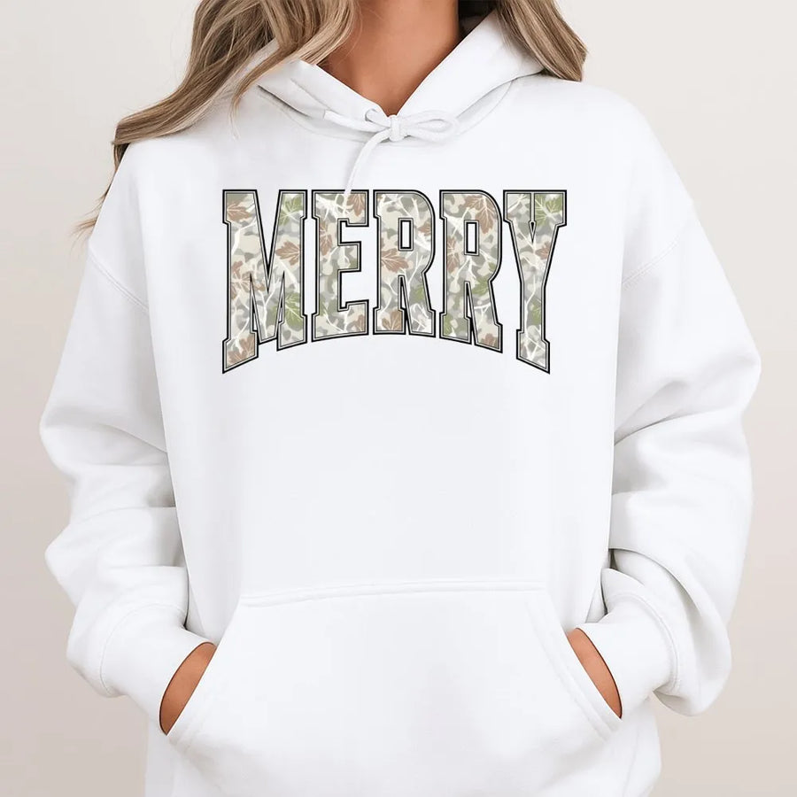 Merry Christmas Hoodie | Camo Varsity Letter Graphic | Premium Cotton Blend | Unisex Holiday Gift for Men and Women