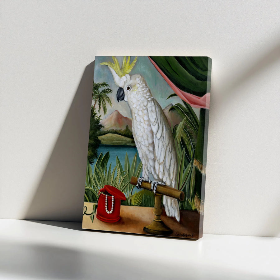 Cockatoo Parrot Vertical Canvas | Vintage Tropical Bird Painting | Premium Gallery Wrapped Canvas | Exotic Wall Art Gift for Bird Lovers