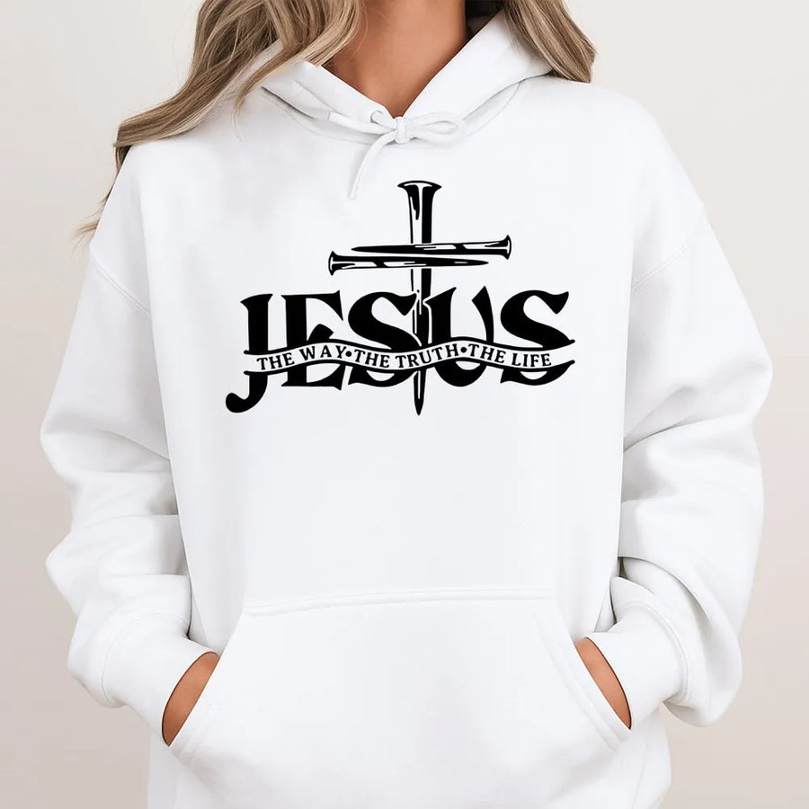Jesus The Way The Truth The Life Hoodie | Religious Cross Scripture Graphic | Premium Cotton-Polyester Blend | Christian Gift For Men & Women