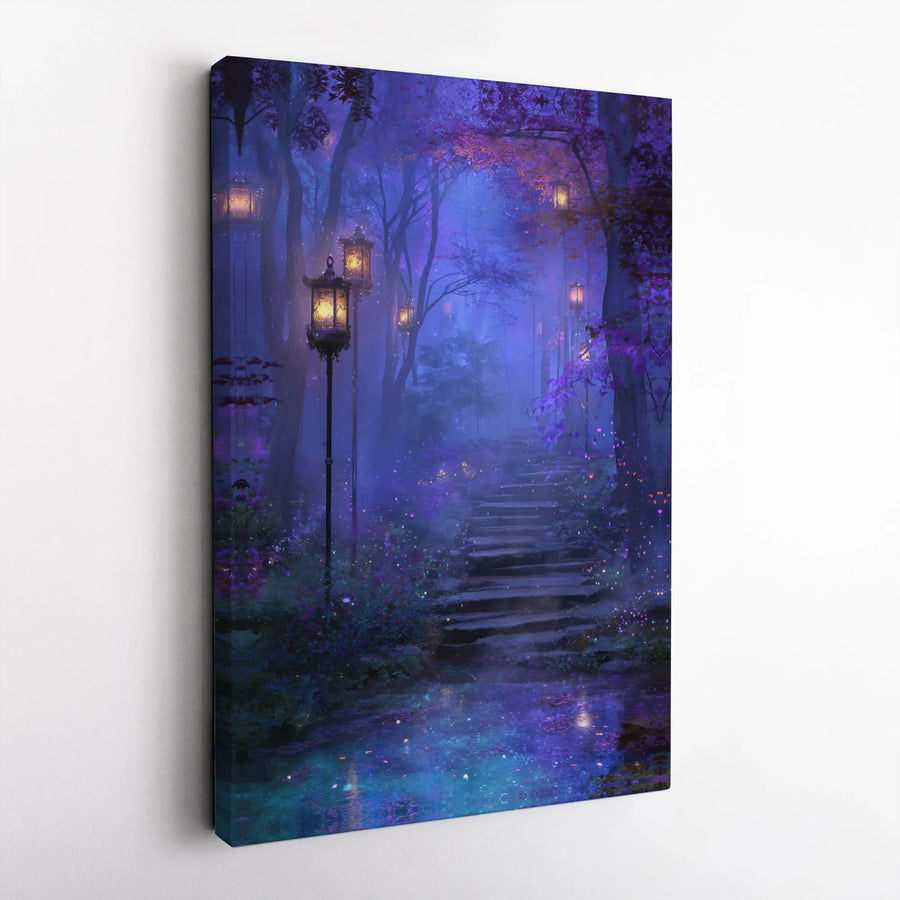 Enchanted Forest Canvas Print | Mystical Pathway with Glowing Lanterns | Premium Frameless Wall Art | Fantasy Bedroom Decor Gift