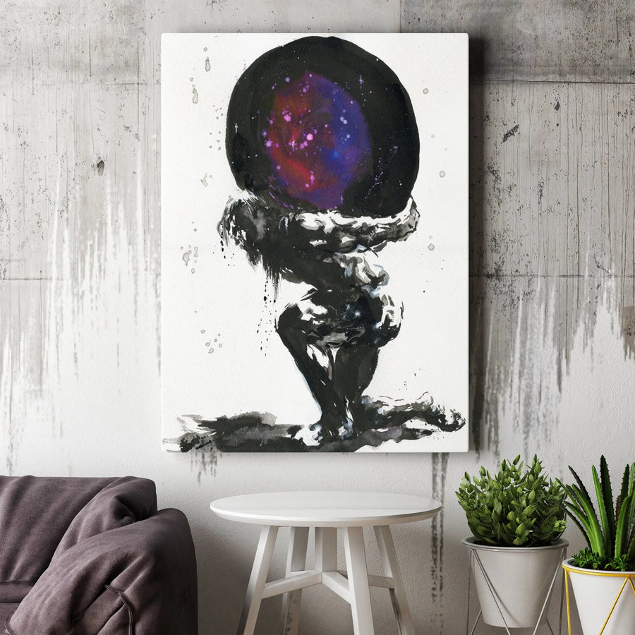Atlas Greek Titan Holding Galaxy Canvas Print | Modern Ink Wash Wall Art | Premium 1.25" Gallery Wrap | Mythological Home Decor Gift