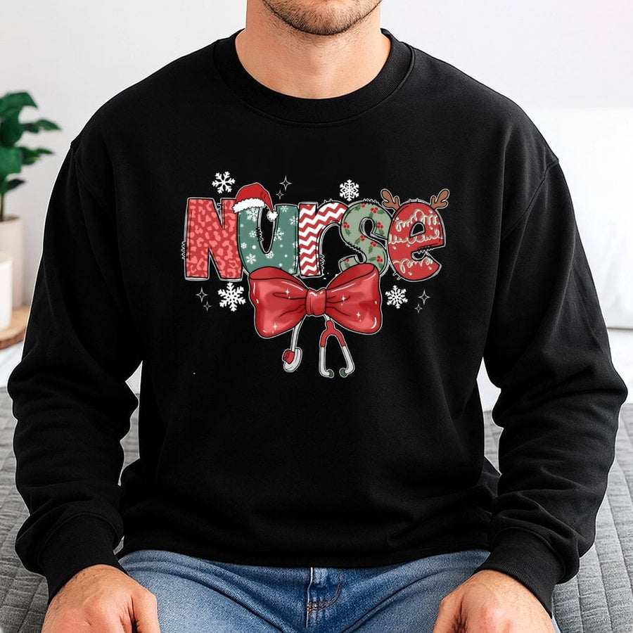 Christmas Nurse Sweatshirt | Festive Stethoscope & Bow Graphic | Premium Cotton Blend | Holiday Gift for Nurses & Nursing Students