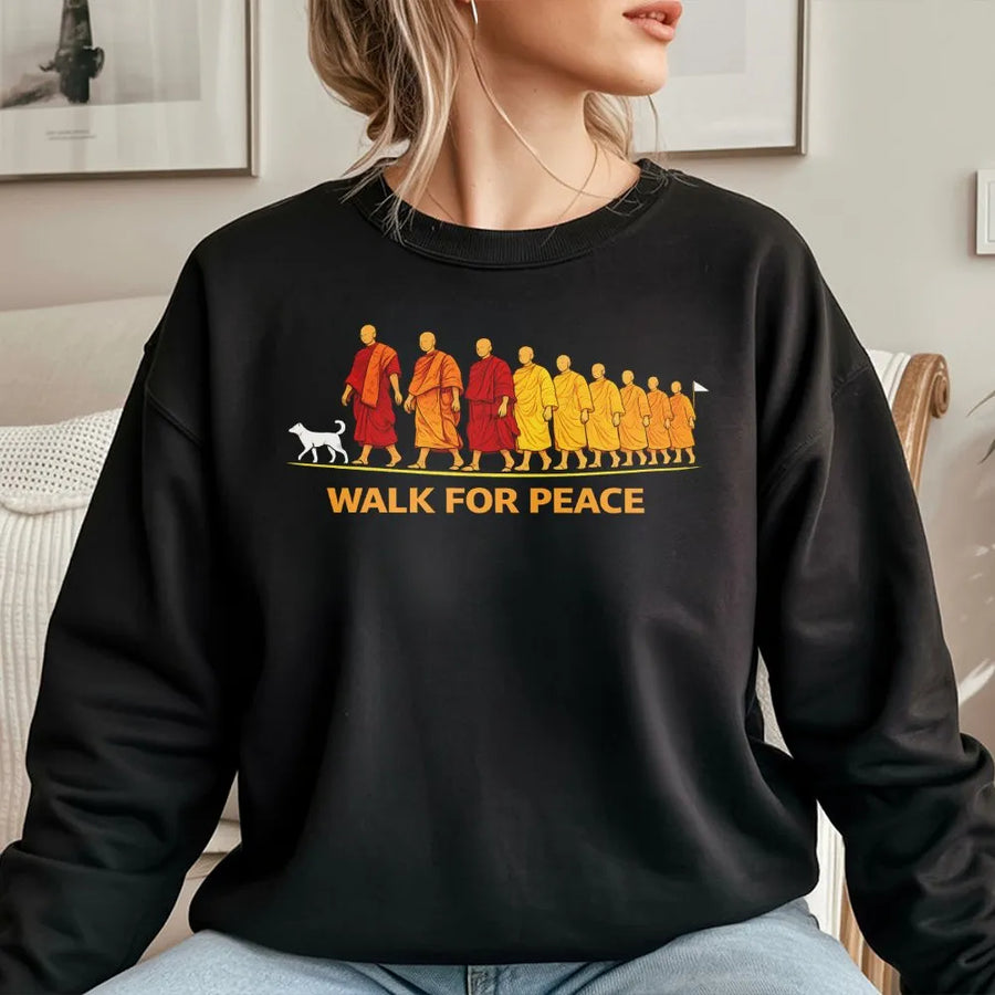 Walk For Peace Sweatshirt | Buddhist Monk and Dog Graphic | Premium Cotton Blend | Spiritual Zen Meditation Gift for Men and Women