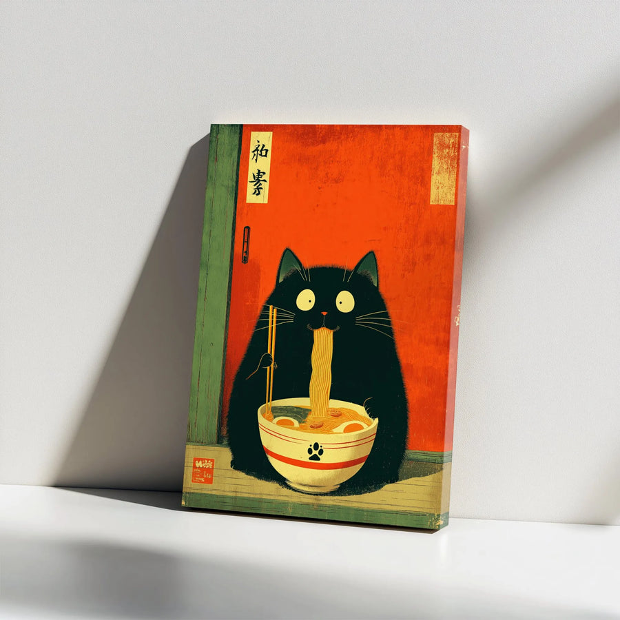 Funny Black Cat Ramen Canvas Wall Art | Vintage Japanese Ukiyo-e Style Print | Premium 1.25" Gallery Wrap | Unique Kitchen Decor Gift for Cat Lovers