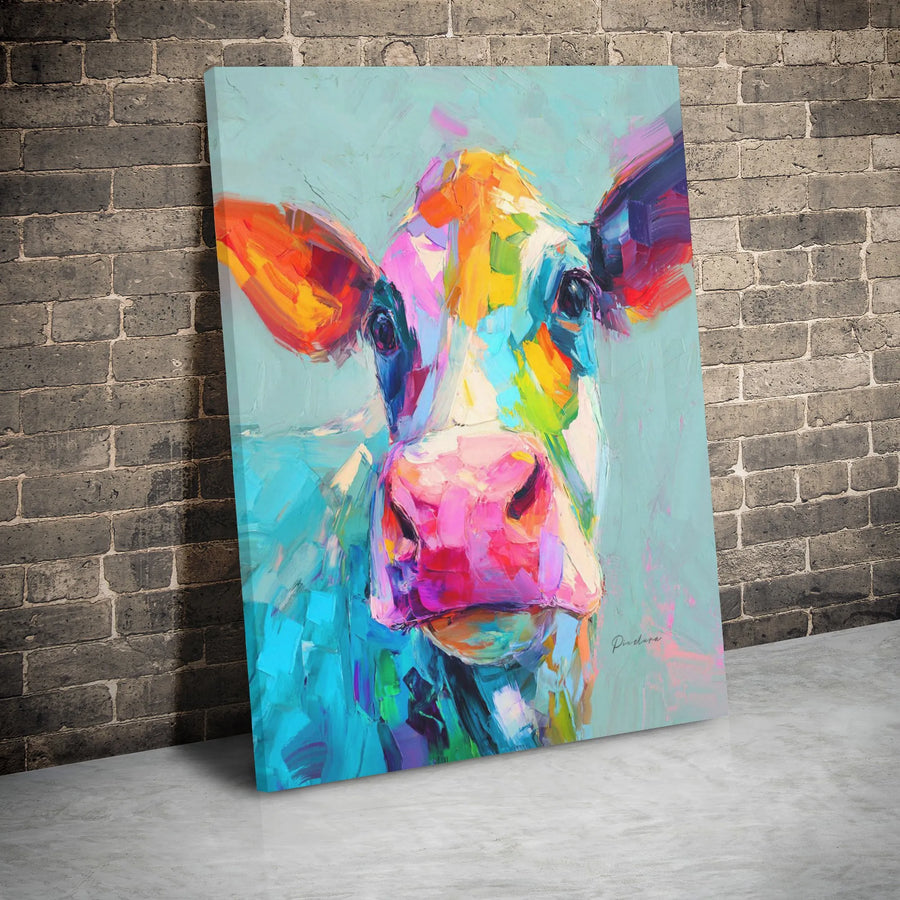 Colorful Abstract Cow Canvas Wall Art | Impasto Farmhouse Animal Print | Gallery Wrapped Premium Quality | Vibrant Decor for Kitchen or Nursery