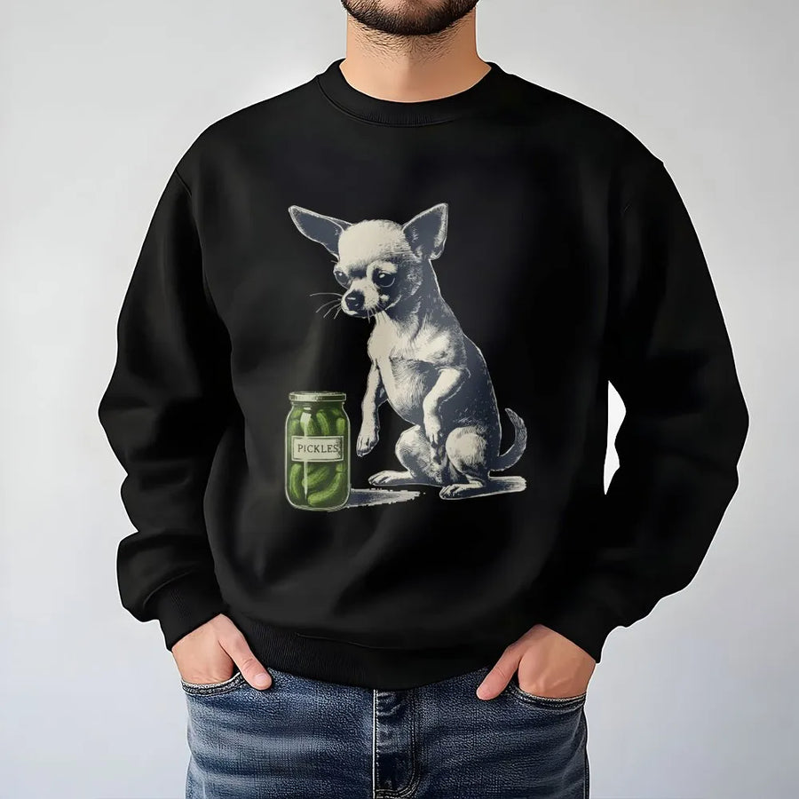 Chihuahua With Pickle Jar Sweatshirt | Quirky Dog Lover Graphic Print | Premium Cotton Blend | Funny Pet Owner Gift For Her Him
