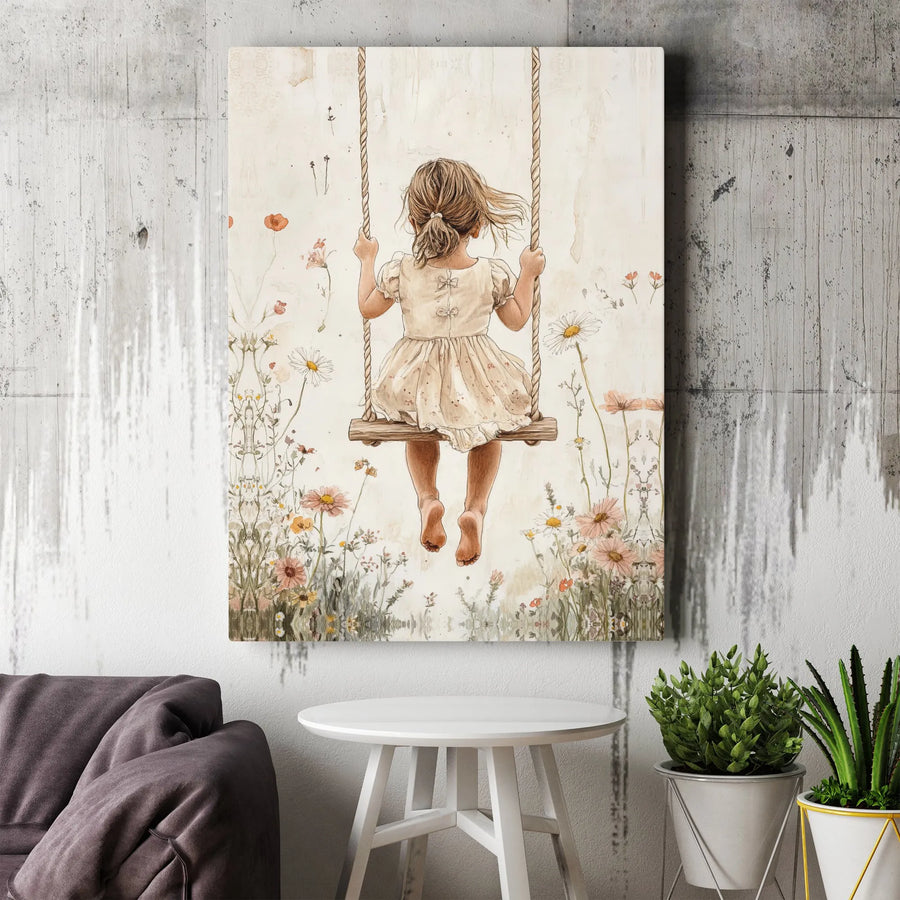 Girl on Swing Canvas Wall Art | Watercolor Wildflower Meadow | Premium Gallery Wrapped Canvas | Nursery & Girls Room Decor Gift