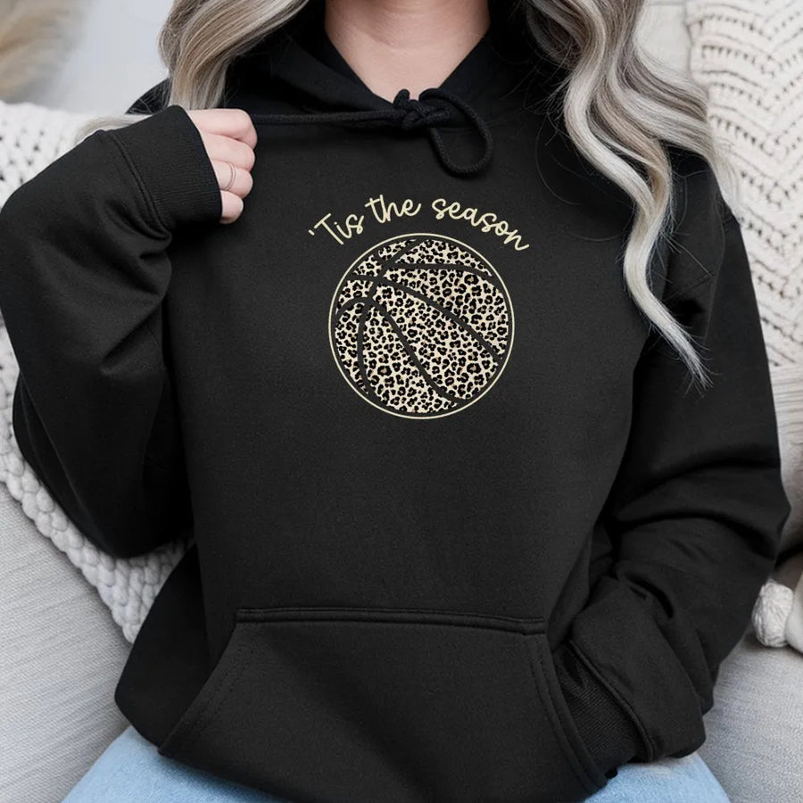 Leopard Print Basketball Hoodie | 'Tis The Season Graphic | Premium Cotton Blend | Gift For Sports Mom and Basketball Fan