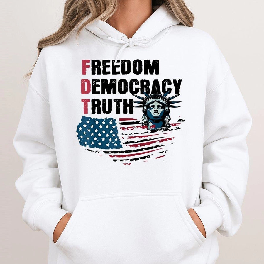 Freedom Democracy Truth Hoodie | American Flag Liberty Statue Graphic | Premium Cotton Blend | Patriotic Gift for Men and Women