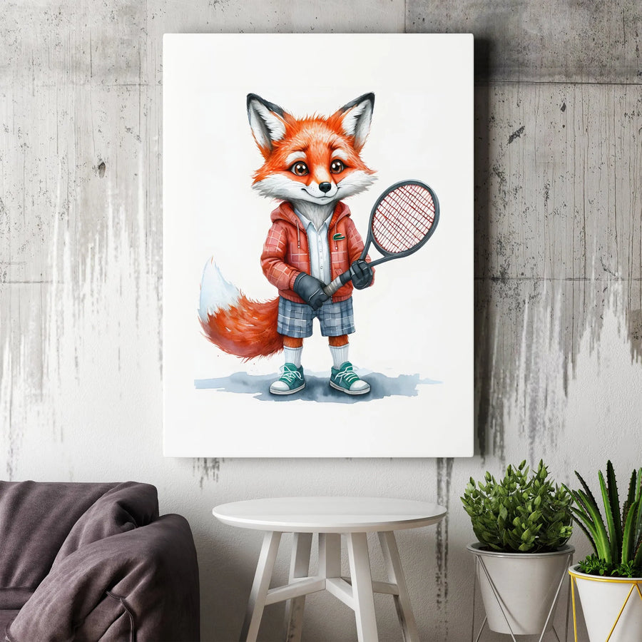 Cute Fox Tennis Player Canvas Wall Art | Watercolor Animal Sports Print | Premium Gallery-Wrapped Decor | Gift for Tennis Lovers & Kids Room