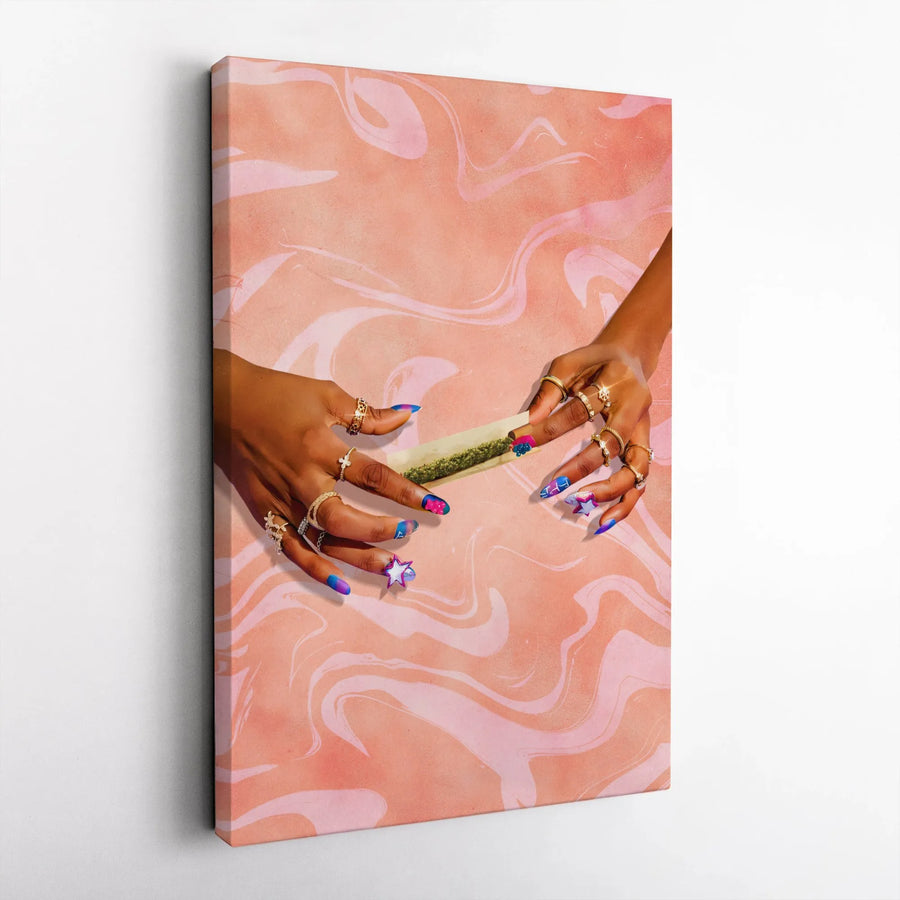 Stoner Aesthetic Vertical Canvas | Pink Psychedelic Swirl Hands Rolling Joint Print | Premium 1.25 Inch Gallery-Style Canvas | Trippy Room Decor Gift for Weed Lovers
