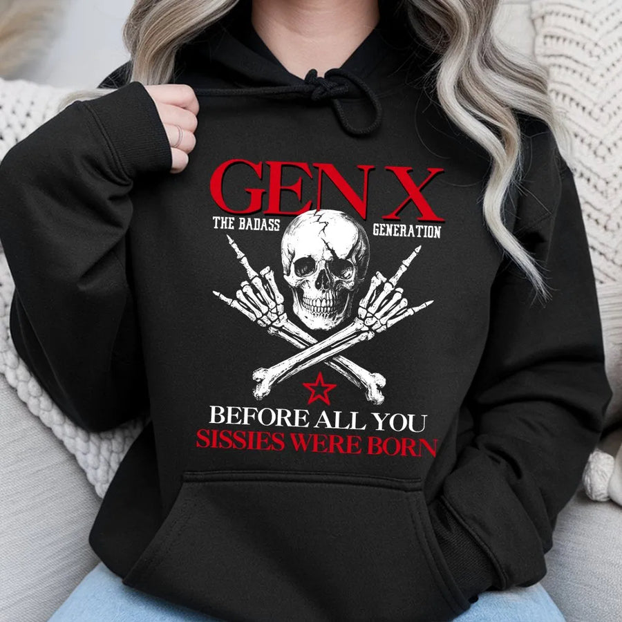 Gen X Badass Generation Hoodie | Sarcastic Skull Graphic Quote | Premium Cotton-Blend | Funny 1980s Birthday Gift for Gen Xer