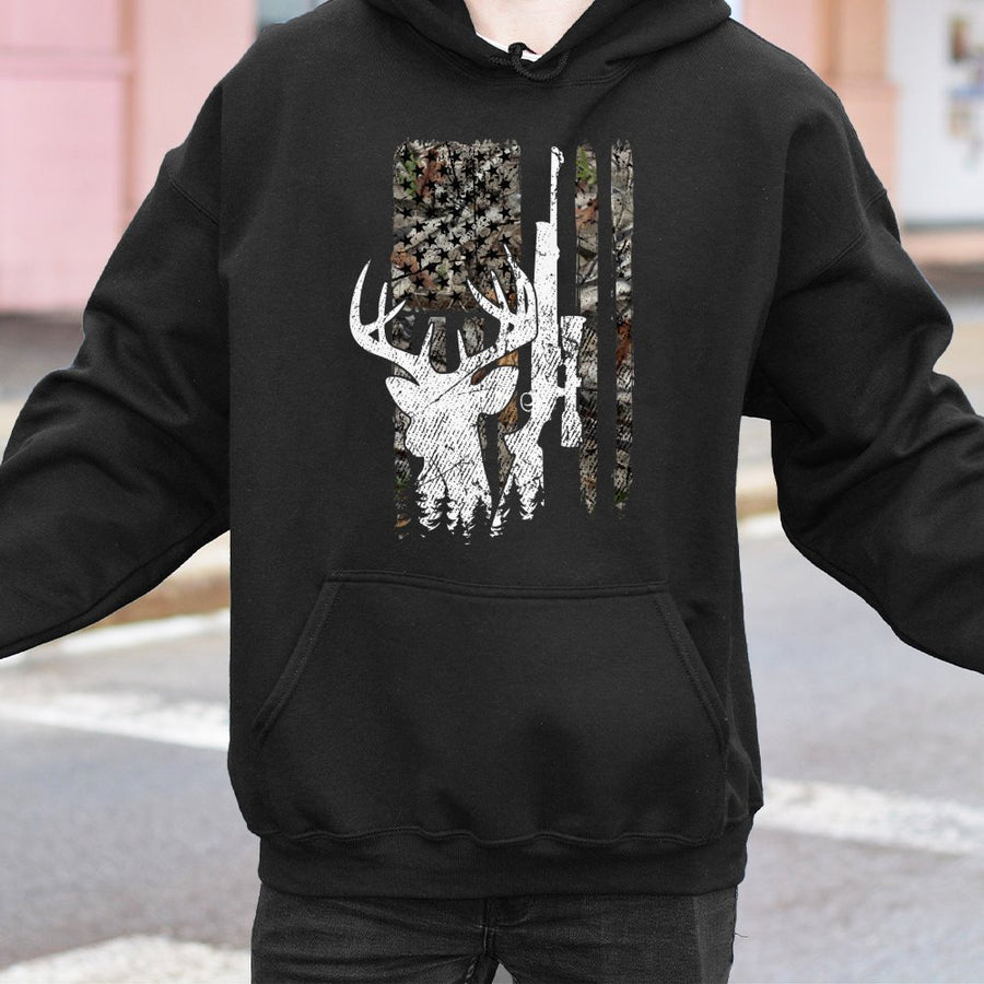 Deer Hunting Hoodie | American Flag Camo Rifle Buck Graphic | Cotton-Poly Blend Sweatshirt | Patriotic Gift for Hunters