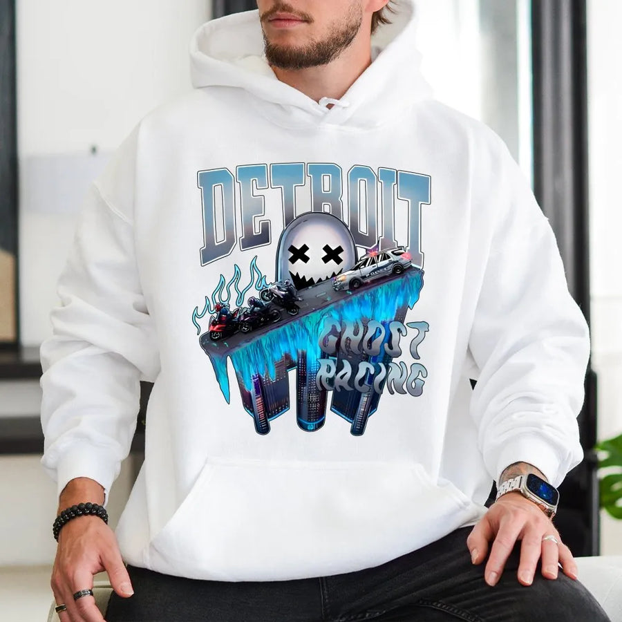 Detroit Ghost Racing Hoodie | Streetwear Biker Graphic Pullover | Premium Cotton Blend | Edgy Urban Gift For Men and Women