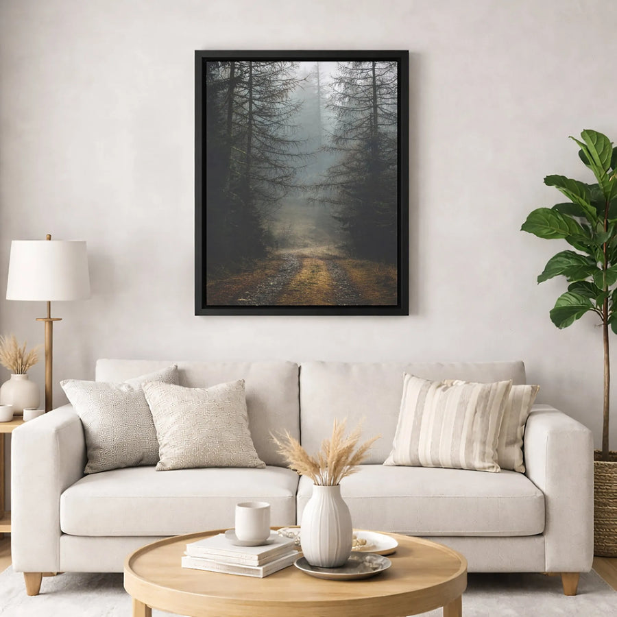 Misty Forest Path Canvas Wall Art | Dark Moody Woodland Landscape | Premium Gallery Wrapped Print | Nature Home Decor Gift For Nature Lovers