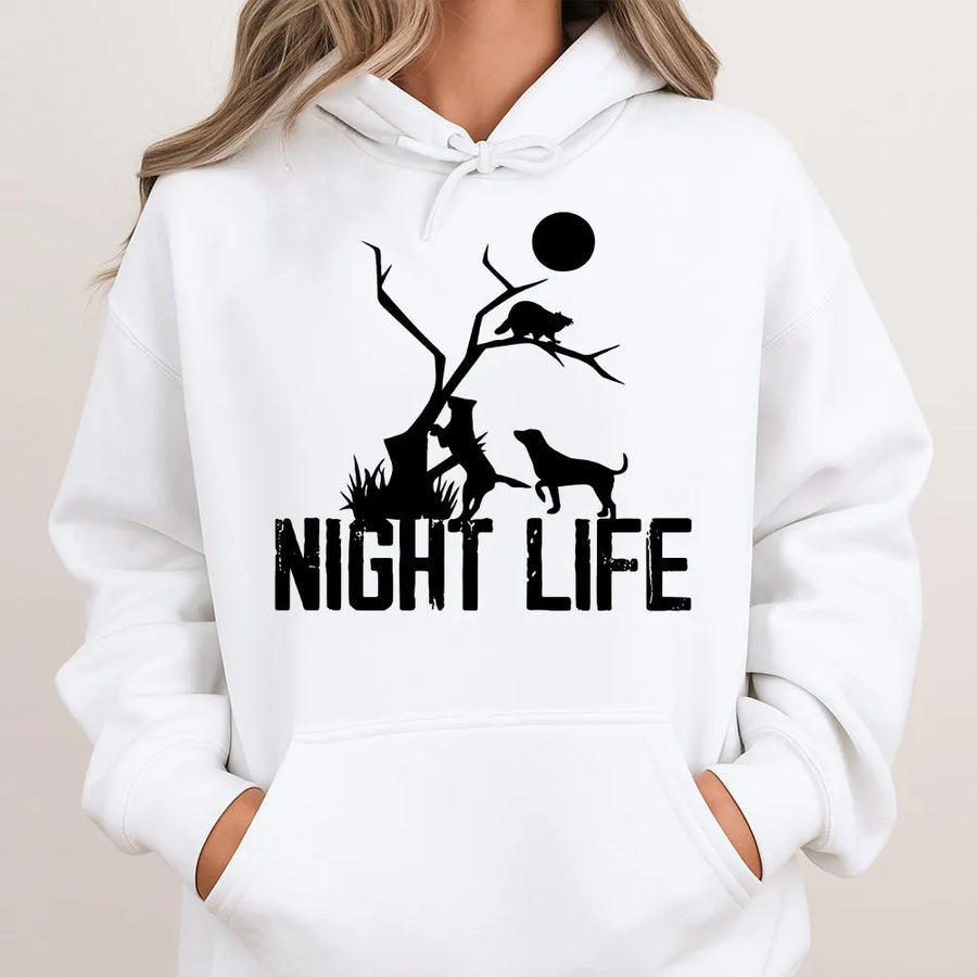 Coon Hunting Hoodie | Night Life Raccoon Dog Graphic | Premium Cotton Blend | Gift for Outdoor Hunter and Wildlife Enthusiast