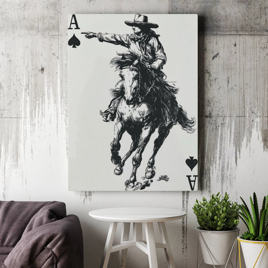 Cowboy Ace of Spades Canvas Wall Art | Vintage Western Gunslinger Sketch | 1.25 Inch Premium Gallery Wrap | Masculine Office & Home Decor Gift