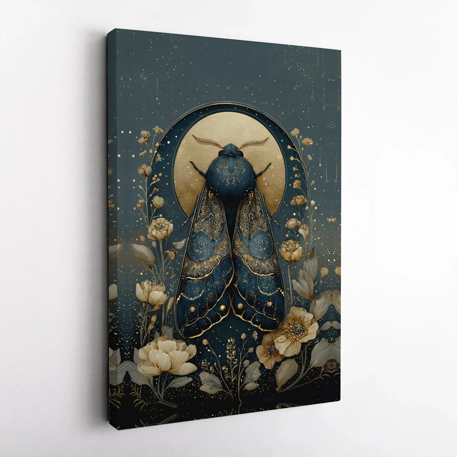 Celestial Moth Wall Art | Blue and Gold Floral Moon Canvas | Premium Gallery-Wrapped Print | Mystical Home Decor for Living Room