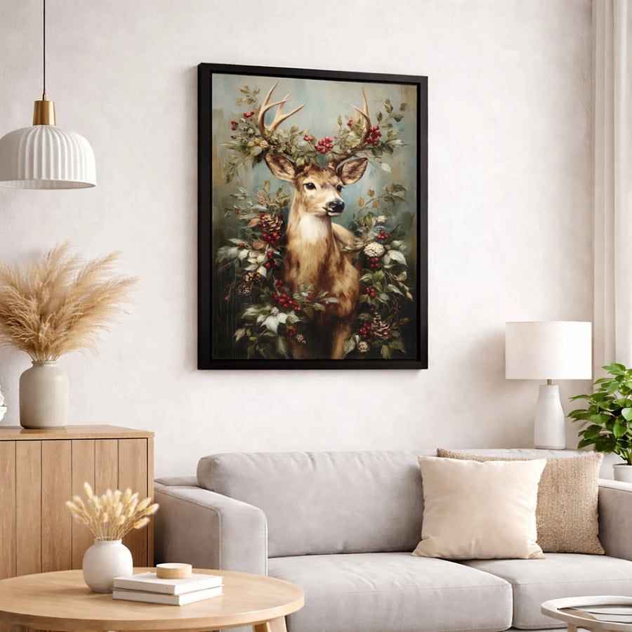 Winter Deer Canvas Wall Art | Rustic Reindeer With Berry Wreath | Premium Fade-Resistant Gallery Wrap | Farmhouse Holiday Home Decor Gift