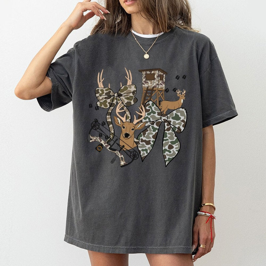 Hunting Season Coquette T-Shirt | Camo Deer Bow Graphic Design | 100% Cotton Premium Tee | Unique Gift For Women Hunters & Outdoors Enthusiasts