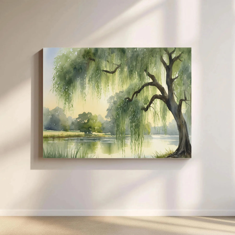 Weeping Willow Canvas Wall Art | Serene Lakeside Watercolor Painting | Premium Gallery Wrap Print | Gift for Nature Lover