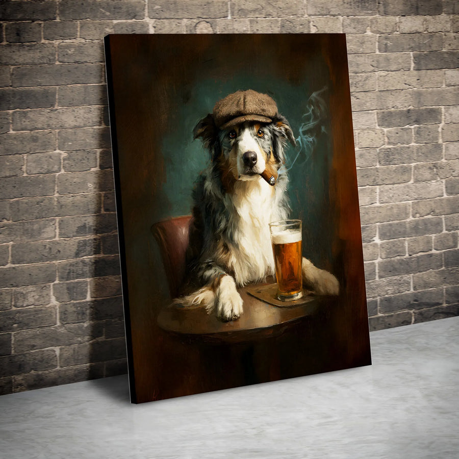 Australian Shepherd Wall Art | Funny Dog with Cigar and Beer Painting | Premium Gallery Canvas | Unique Man Cave Home Decor Gift
