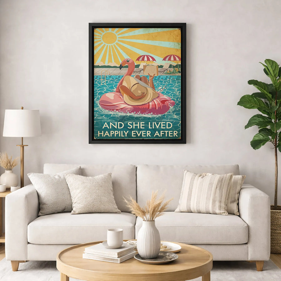 Flamingo Pool Float Wall Art | Woman Reading Book Retro Canvas | Premium Fade-Resistant Decor | Gift for Readers & Beach Lovers