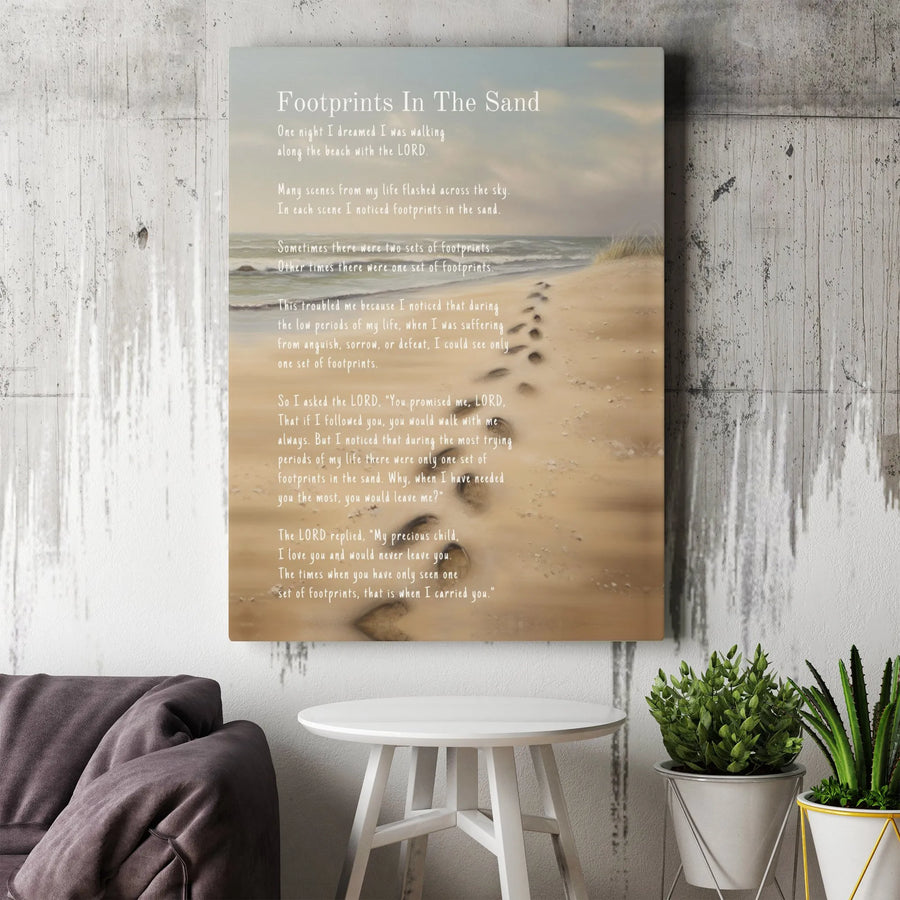 Footprints In The Sand Canvas | Inspirational Poem & Beach Scene | Premium Gallery Wrap Print | Christian Religious Home Decor Gift