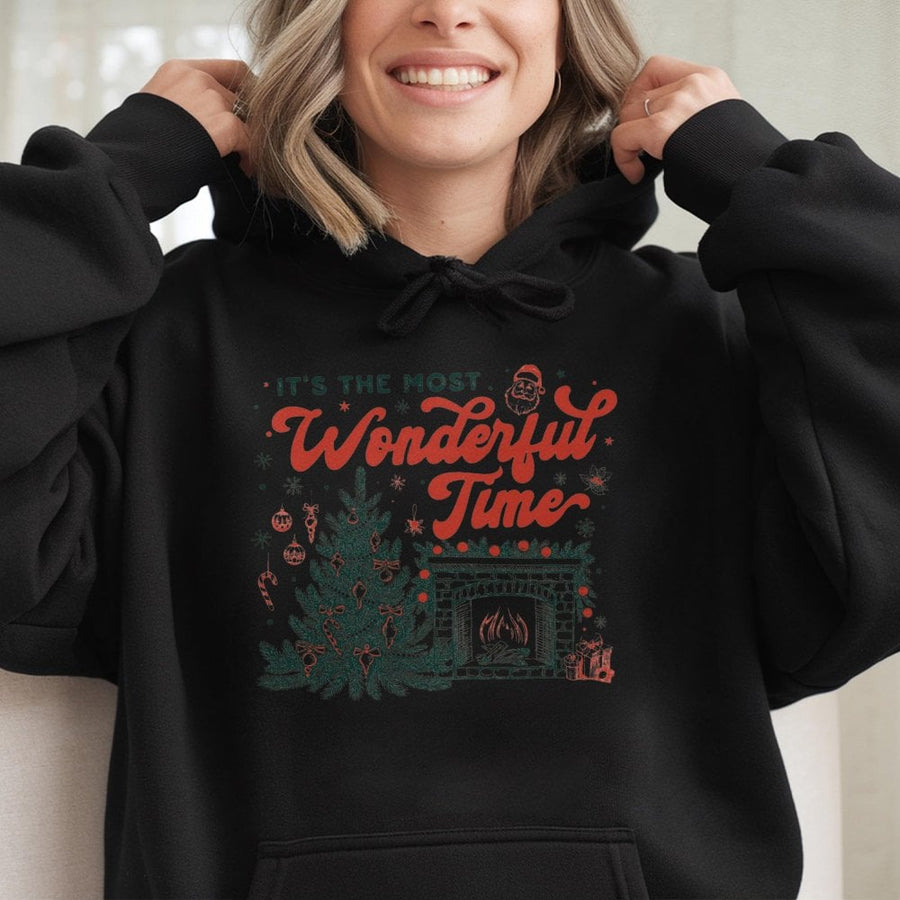 It’s The Most Wonderful Time Hoodie | Christmas Tree & Fireplace Graphic | Premium Cotton Blend | Cozy Holiday Gift for Her & Him