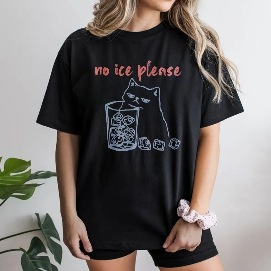 No Ice Please Cat T-Shirt | Grumpy Kitten Drinking Graphic Tee | Premium Soft Cotton Unisex Shirt | Funny Animal Lover Gift for Pet Owners