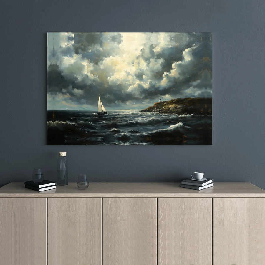 Dramatic Seascape Canvas Print | Moody Ocean Sailboat & Lighthouse Artwork | Gallery Wrapped Premium Wall Decor | Coastal Living Room Gift