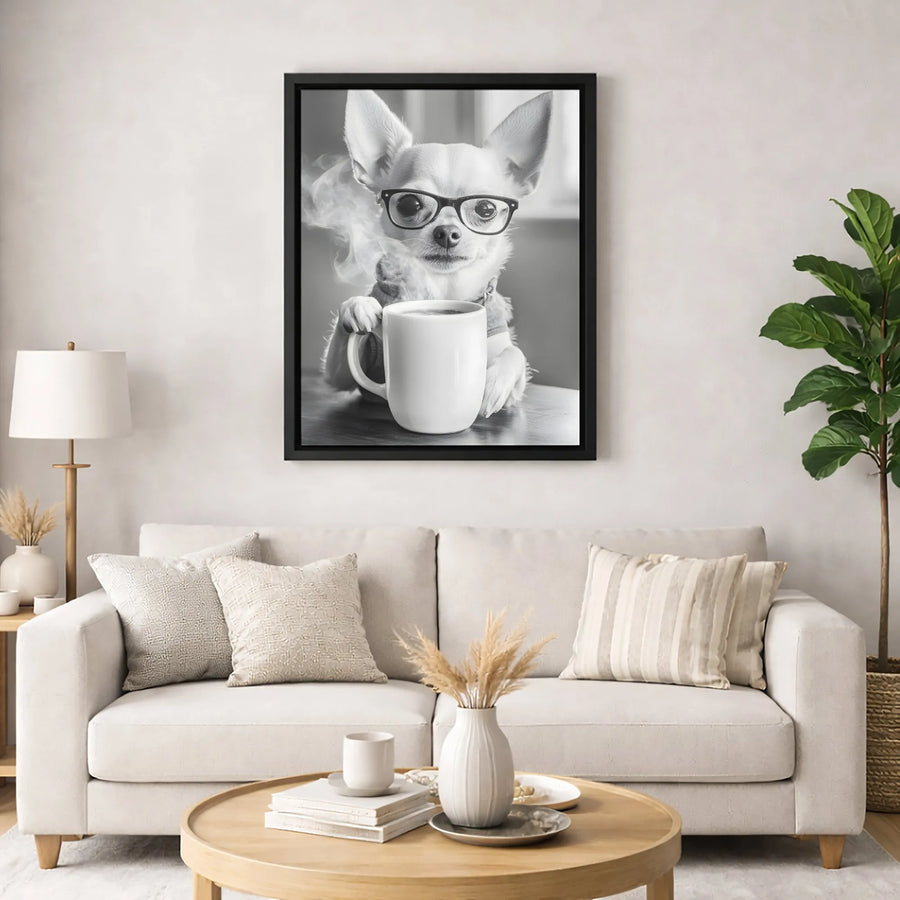 Chihuahua Coffee Mug Wall Art | Cute Dog Wearing Glasses Print | Premium 1.25-inch Canvas | Gift for Coffee Lovers & Dog Mom Decor
