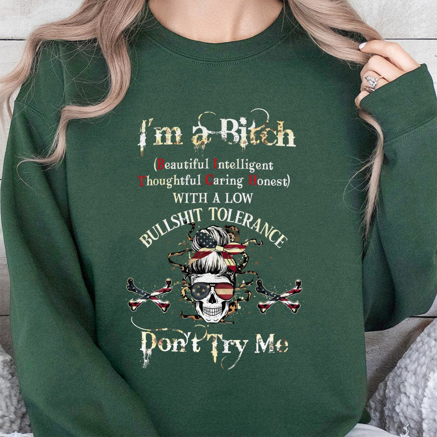 Sassy Attitude Sweatshirt | Funny B.I.T.C.H. Acronym Graphic | Premium Cotton Blend | Edgy Patriotic Skull Gift for Women