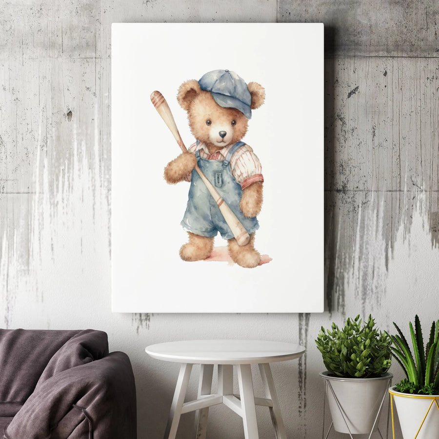 Watercolor Baseball Teddy Bear Canvas Wall Art | Cute Nursery Sports Decor | Premium Gallery Wrap | Gift for Boys Room