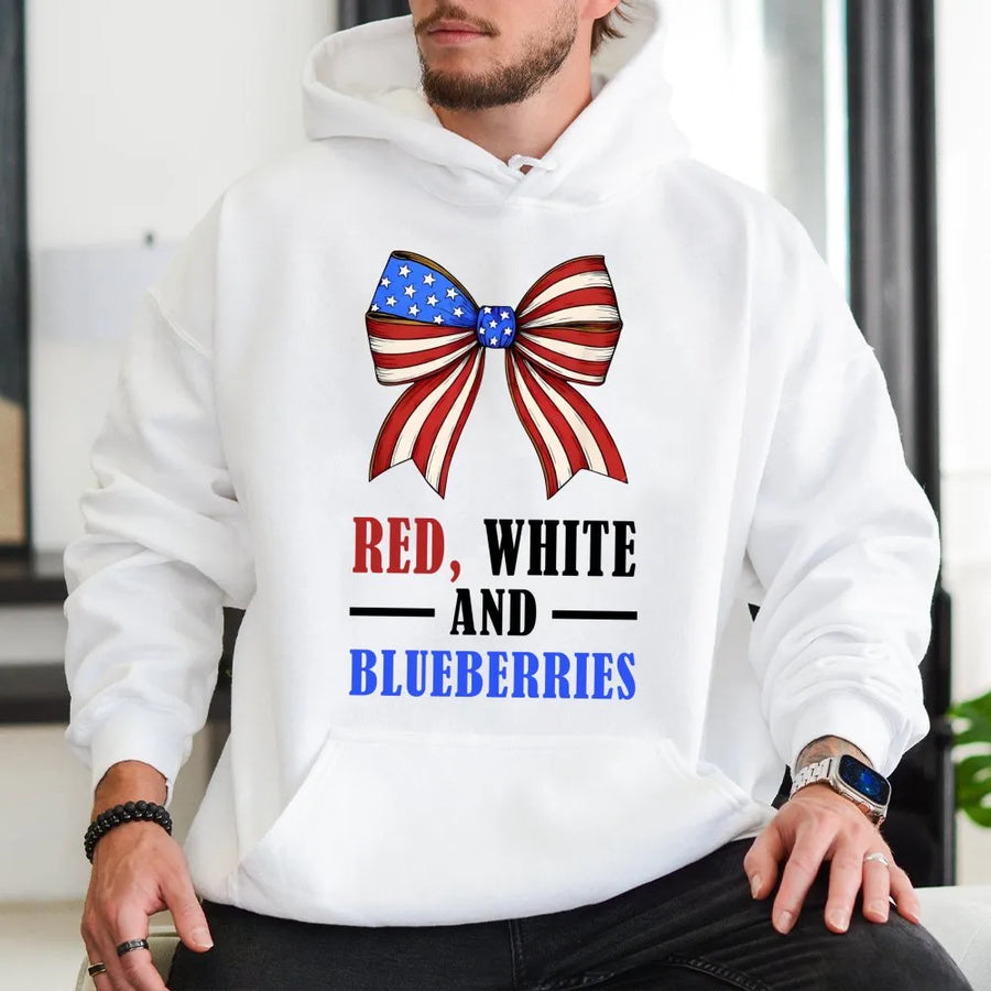 Red White And Blueberries Hoodie | Patriotic American Flag Bow Design | Premium Cotton-Blend | 4th of July Gift for Women