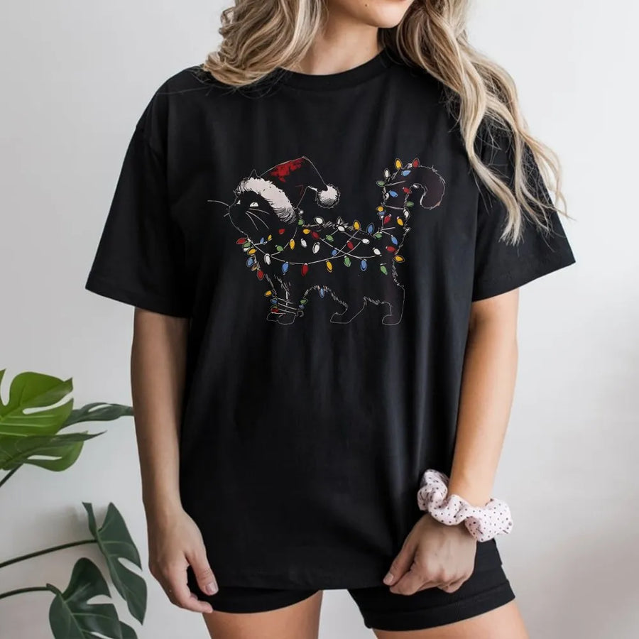 Black Cat Christmas T-Shirt | Funny Holiday Lights Graphic | Premium Cotton Unisex Tee | Cute Cat Lover Gift for Women and Men