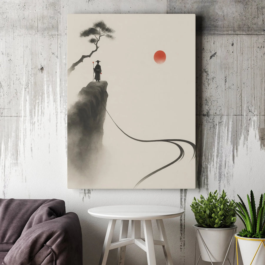 Japanese Ink Wash Canvas Wall Art | Sumi-e Traveler On Cliff | Premium Gallery Wrap Decor | Minimalist Zen Mountain Gift For Home