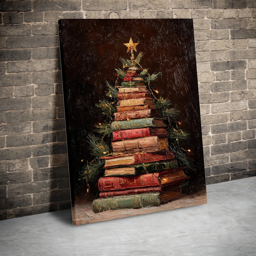 Book Lover Christmas Tree Wall Art | Oil Painting Style Library Decor | Premium Gallery Wrap Canvas | Unique Bookworm Gift for Holiday Home