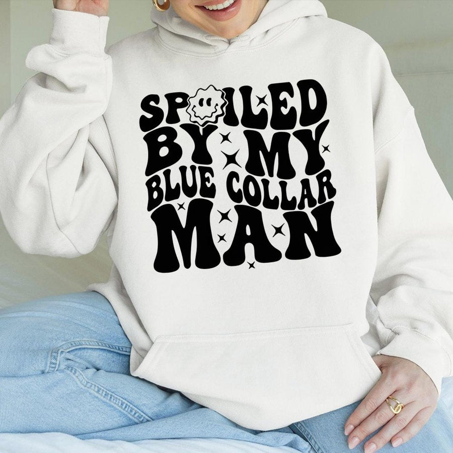 Spoiled By My Blue Collar Man Hoodie | Trendy Retro Wavy Text Graphic | Premium Cotton Blend | Gift For Girlfriend Or Wife