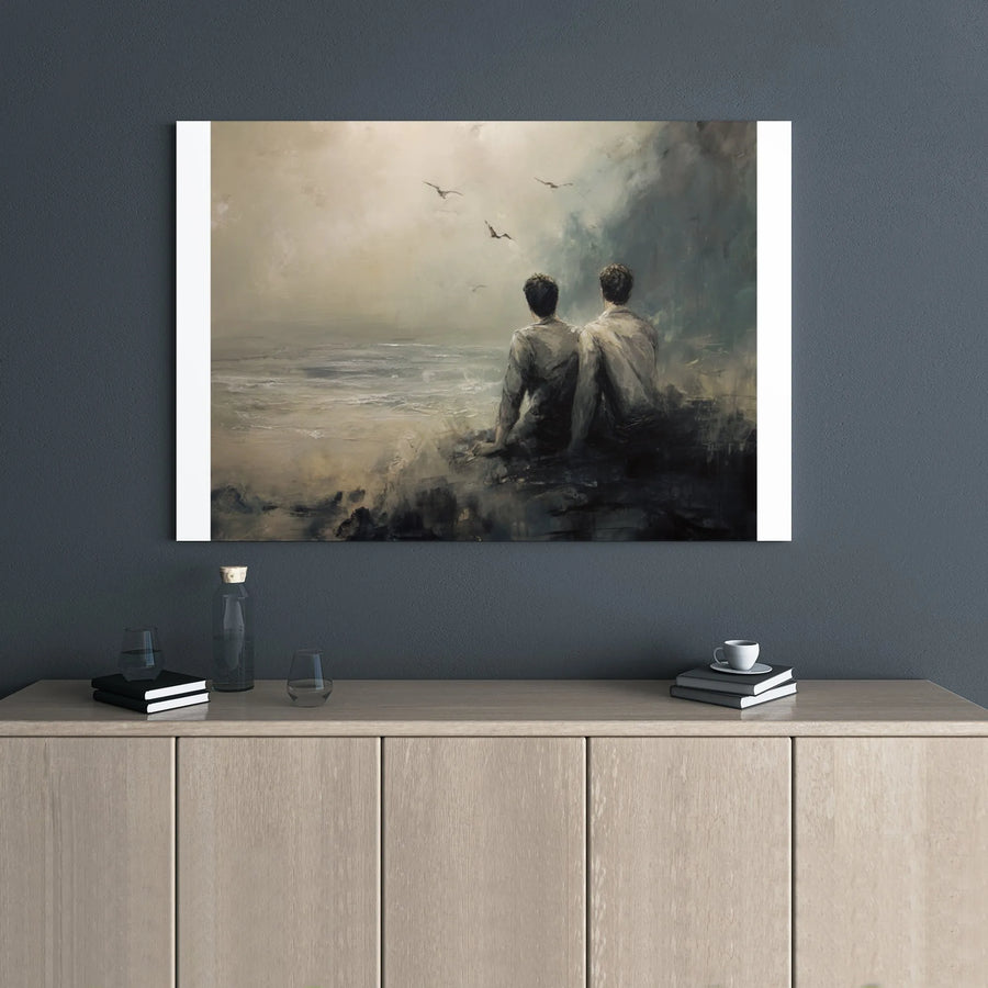 Seascape Wall Art | Two Men Sitting on Cliff Painting | Premium Gallery Wrapped Canvas | Moody Ocean Decor for Living Room or Office Gift