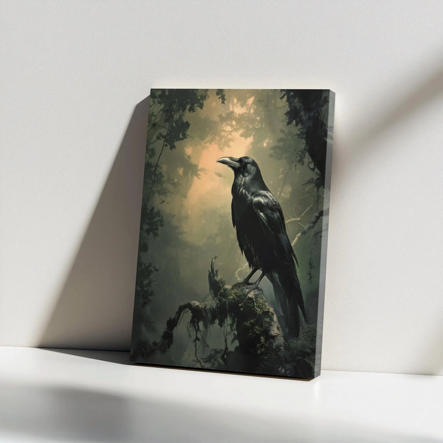 Gothic Raven Canvas Wall Art | Moody Forest Bird Portrait | Premium Gallery Wrap Decor | Dark Academia Aesthetic Gift for Home or Office