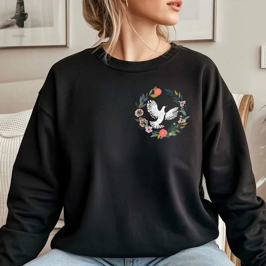 Peace Dove Sweatshirt | Floral Wreath Botanical Print | Soft Cotton Blend Unisex Crewneck | Premium Spiritual Gift for Nature Lovers