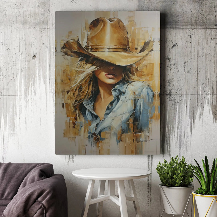 Cowgirl Canvas Wall Art | Abstract Western Blonde Portrait | Premium 1.25-Inch Gallery Wrap | Southwestern Home Decor Gift for Her