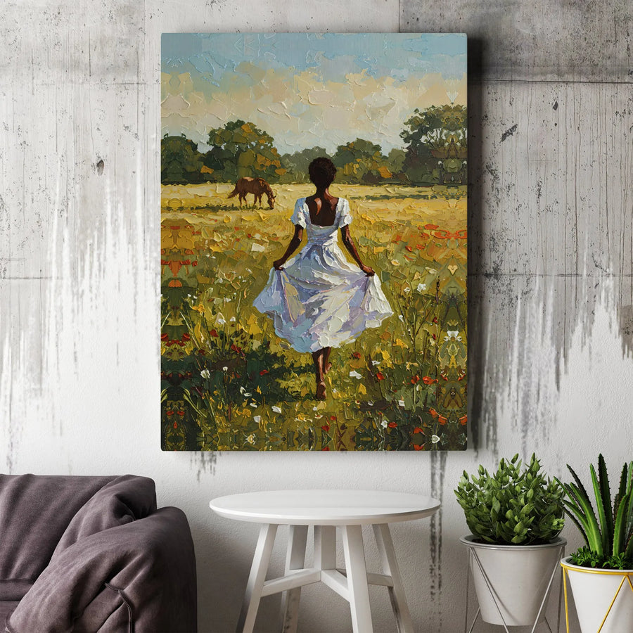 Black Woman In White Dress Canvas Print | Impressionist Wildflower Meadow Field Art | 1.25" Thick Premium Gallery Wrap | Home Decor Wall Gift