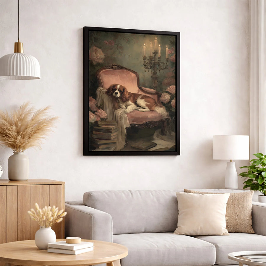 Cavalier King Charles Spaniel Wall Art | Vintage Portrait with Pink Chair and Candles | Premium Gallery-Wrapped Canvas | Dog Lover Home Decor Gift