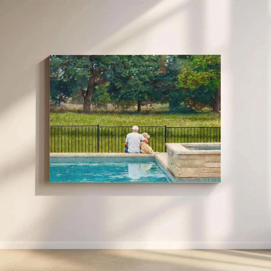 Man and Dog by Pool Horizontal Canvas | Impressionist Oil Painting Style Wall Art | Premium Fade-Resistant Stretched Canvas | Heartwarming Gift for Dog Lovers