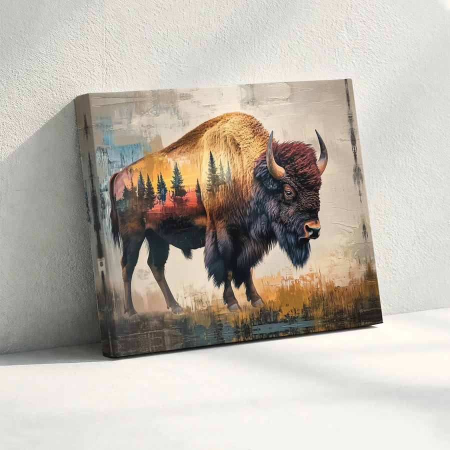 Bison Canvas Wall Art | Abstract Buffalo with Double Exposure Forest | Premium Gallery Wrapped Canvas | Rustic Wildlife Decor Gift for Nature Lovers
