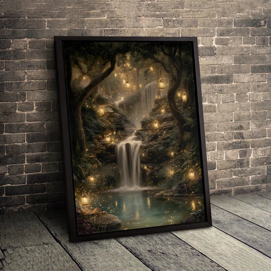 Enchanted Forest Waterfall Canvas | Magical Fairy Lanterns Wall Art | Premium Gallery Wrapped Print | Whimsical Nature Home Decor Gift